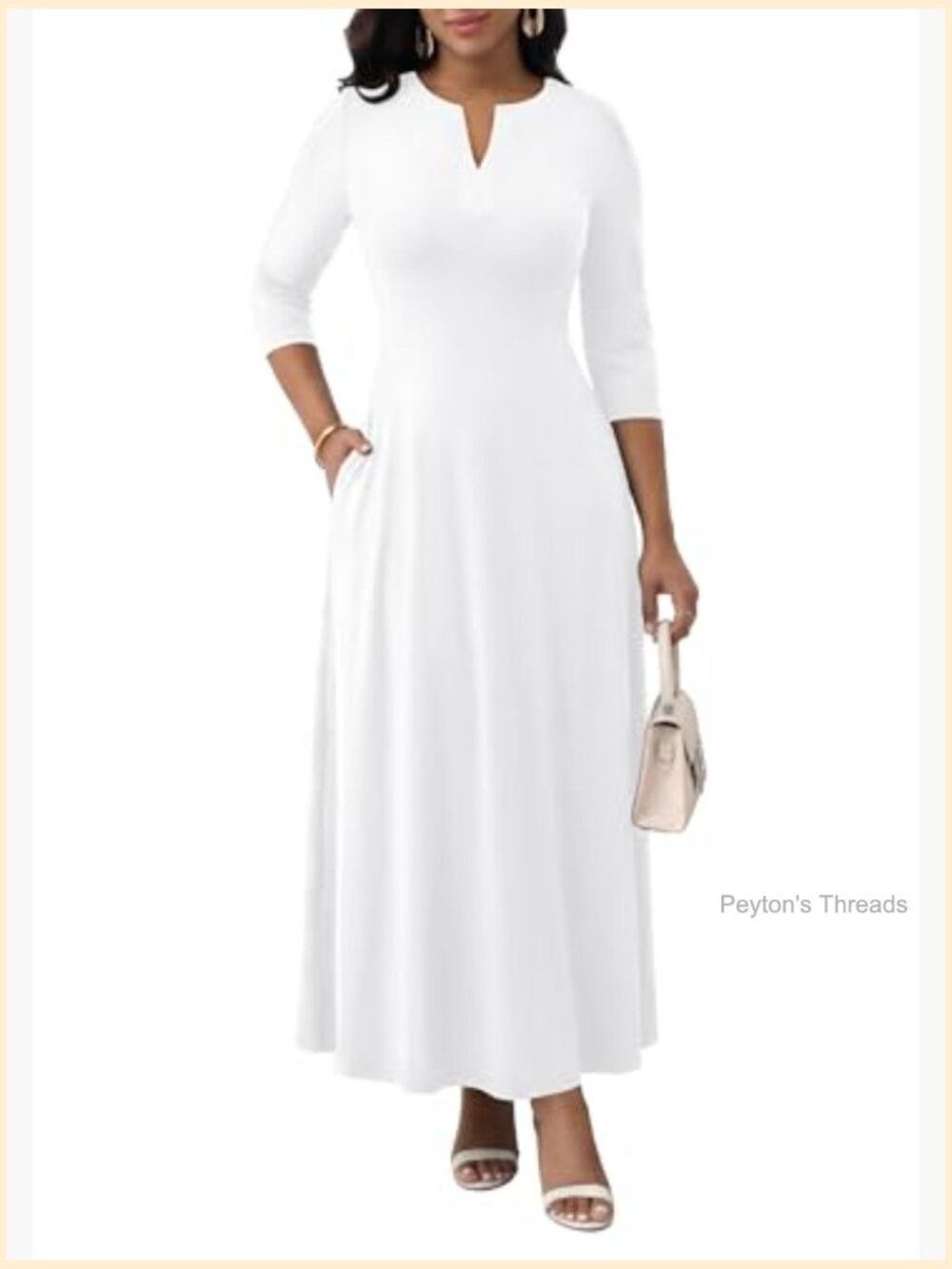 V-Neck 3/4 Sleeve Elegant Maxi Dress with Pockets Church Dresses - Picture 4 of 7
